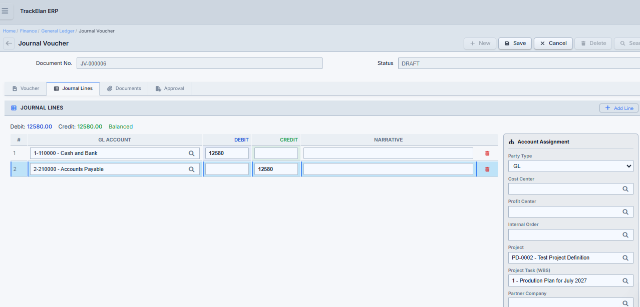 Journal Voucher entry with account assignment